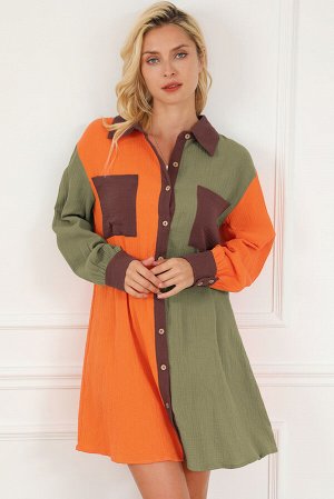 Оранжево-зеленое платье-рубашка с контрастной отделкой и карманами