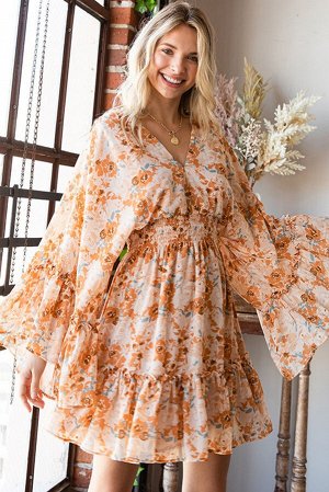 VitoRicci Оранжевое платье из шифона с цветочным принтом и объемным рукавом