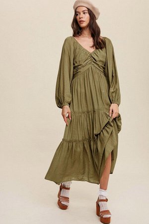 VitoRicci Зеленое многоярусное платье с объемным рукавом и открытой спиной