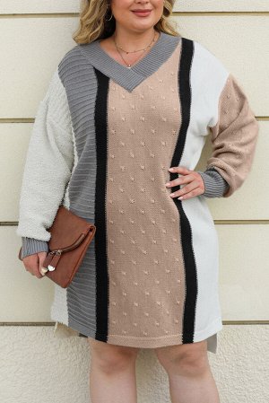 Бежевое платье-свитер плюс сайз в стиле Колорблок