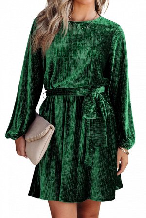 Зеленое бархатное платье мини с поясом на талии