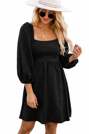 Черное платье мини с квадратным вырезом и укороченным рукавом "фонарик"