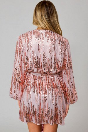 Розовое платье мини с пайетками на запахе