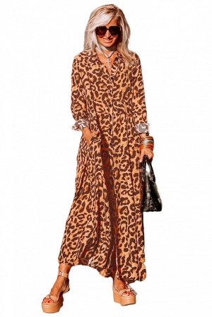 Коричневое платье макси с V-образным вырезом и леопардовым принтом