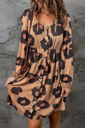 Коричневое платье со сборкой и леопардовым принтом