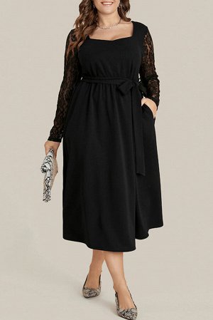 Черное платье миди плюс сайз с поясом и кружевными рукавами
