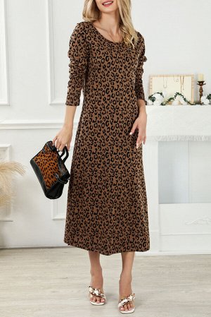 Коричневое платье миди с длинным рукавом и леопардовым принтом