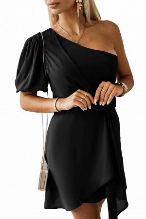 Черное ассиметричное платье на одно плечо с пузырчатым рукавом