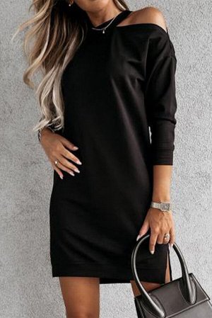 Черное ассиметричное платье прямого кроя с открытым плечом