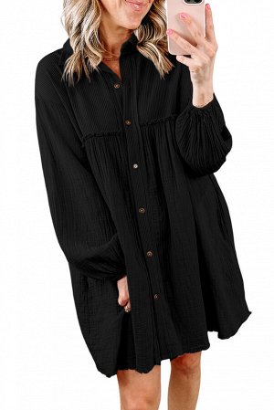 Черное платье-рубашка из текстурированной ткани и объемным рукавом