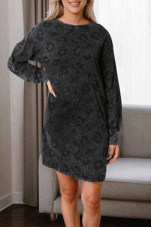 Серое леопардовое платье мини с карманами