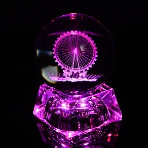 Шар с 3D гравировкой стеклянный "Колесо обозрения" на подставке с подсветкой, диаметр 59мм.