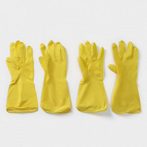 Перчатки хозяйственные латексные Доляна, 2 пары, размер M, 30 г, ХБ напыление, цвет жёлтый