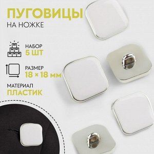 Набор пуговиц на ножке, 18 x 18 мм, 5 шт, цвет белый/серебряный