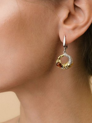 Эффектные серьги «Рыбка Кои»  с янтарём коньячного цвета