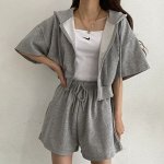 Спортивный костюм-двойка (толстовка с капюшоном и короткими рукавами + шорты), темно-серый