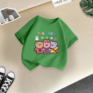 Детская футболка с принтом "Кролик и мишка", цвет зеленый