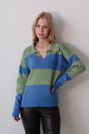 Пуловер с воротником сине-зелёный