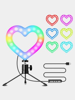Цветная Кольцевая LED RGB лампа сердце 26 см RGB MJ26+ для фото и видеосъемки работы с триподом