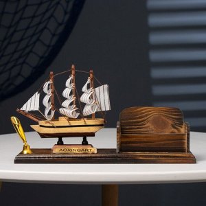 Органайзер настольный: визитница, подставка под ручку, сувенирная модель корабля, 15x25 см