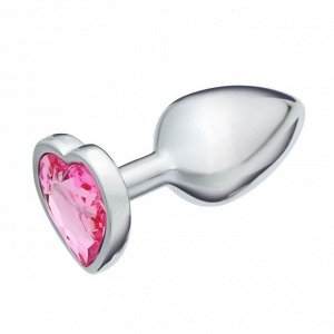 Анальная пробка Оки-Чпоки, серебряная, кристалл розовый, в форме сердца, D = 28 мм