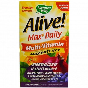 Natures Way, Alive! Max6 Daily, мультивитамин, макс эффективность, 90 вегакапсул