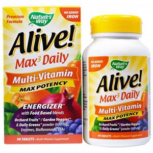 Natures Way, Alive! Мультивитамины Max3 Daily без добавления железа, 90 таблеток