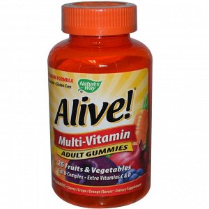 Natures Way, Alive!, Мульти-витаминный комплекс для взрослых со вкусом вишни, винограда и апельсина, 90 жевательных таблеток