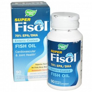Natures Way, Super Fisol, рыбий жир с энтеросолюбильным покрытием, 90 мягких капсул