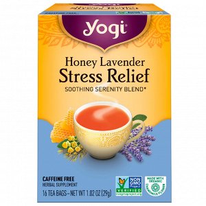 Yogi Tea, Stress Relief cо вкусом меда и лаванды, без кофеина, 16 чайных пакетиков, 1.02 унций (29 г)