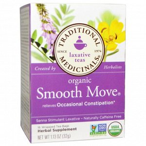 Traditional Medicinals, Organic Smooth Move, слабительное на основе сенны, без кофеина, 16 чайных пакетиков в индивидуальной упа