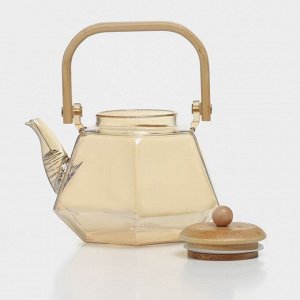 Чайник стеклянный заварочный с бамбуковой крышкой и металлическим фильтром «Октогон», 1,2 л, цвет золотой