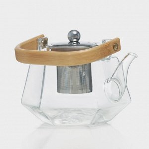 Чайник стеклянный заварочный с бамбуковой крышкой и металлическим ситом «Октогон», 800 мл