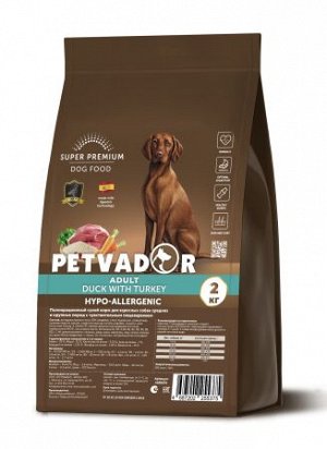 PETVADOR (SUPER-PREM) Полнорационный корм для собак всех пород с чувствительным пищеварением, утка с индейкой, 2 кг 1/6