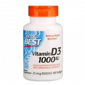 Doctors Best, Витамин D3, 25 мкг (1000 МЕ), 180 мягких таблеток