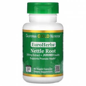 California Gold Nutrition, EuroHerbs, экстракт корня крапивы, европейское качество, 250 мг, 60 растительных капсул