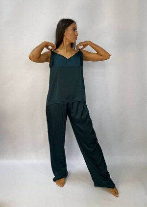Пижама женская с брюками шелковая комплект домашний костюм изумруд