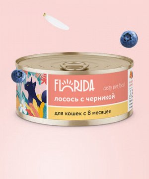 NEW! Консервы Florida для  кошек: Лосось с черникой. 100 гр. Супер премиум. Россия