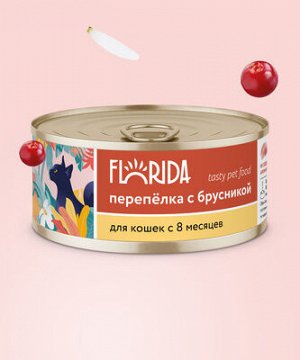 NEW! Консервы Florida для  кошек:  Перепелка с брусникой. 100 гр. Супер премиум. Россия
