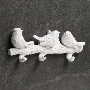 Подвесной декор - вешалка "Веточка с тремя птичками" белая