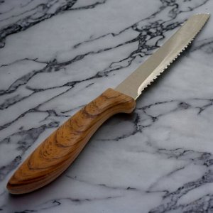 Нож кухонный с пилкой на лезвии, рисунок под дерево,  32 см