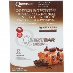 Quest Nutrition, Протеиновый батончик, шоколадная крошка, песочное тесто, 12 штук, 2,12 унц. (60 г) каждый