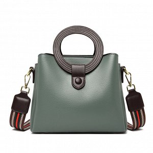 Женская повседневная сумка из эко кожи с широким ремнем и декоративными ручками, цвет серо-зеленый