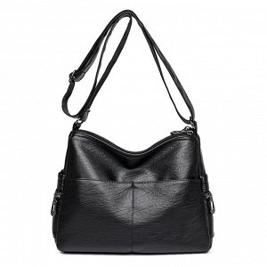 Женская мягкая сумка почтальонка из эко кожи, с ремешком и боковыми карманами, цвет черный
