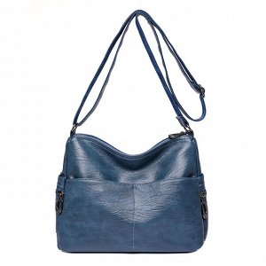 Женская мягкая сумка почтальонка из эко кожи, с ремешком и боковыми карманами, цвет синий