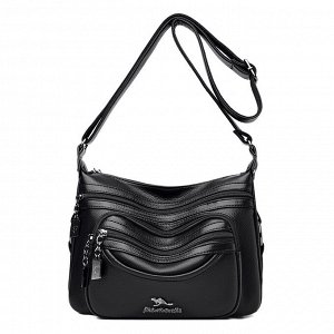 Женская мягкая сумка почтальонка из эко кожи, с широким ремешком и декоративными металлическими пуллерами, цвет черный