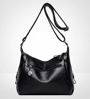 Женская мягкая сумка почтальонка из эко кожи, с широким ремешком и накладным карманом, цвет черный