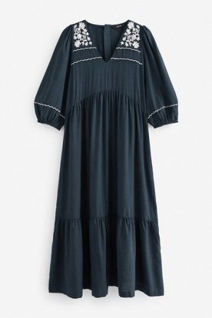 Темно-синее платье-кафтан миди с вышивкой