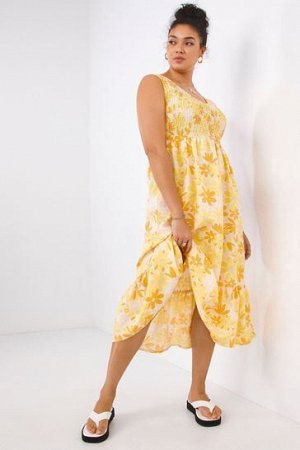 Желтое льняное платье миди Simply Be с цветочным принтом, сборками и завязками