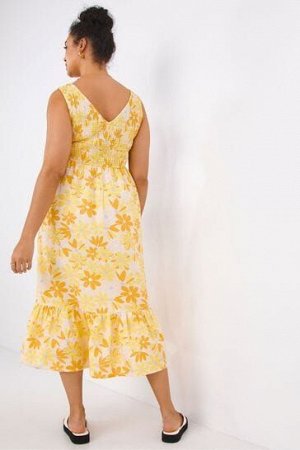 Желтое льняное платье миди Simply Be с цветочным принтом, сборками и завязками